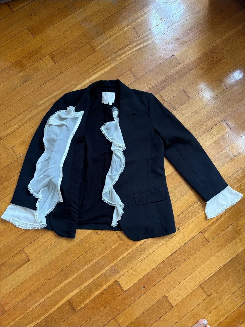 Anthropologie Black Blazer with White Ruffle Trim